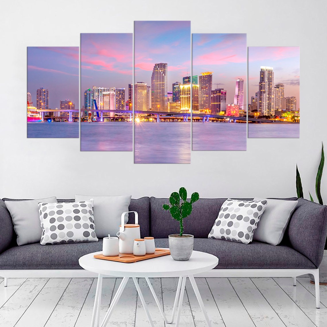 Miami At Twilight City Skyline Canvas Wall Art