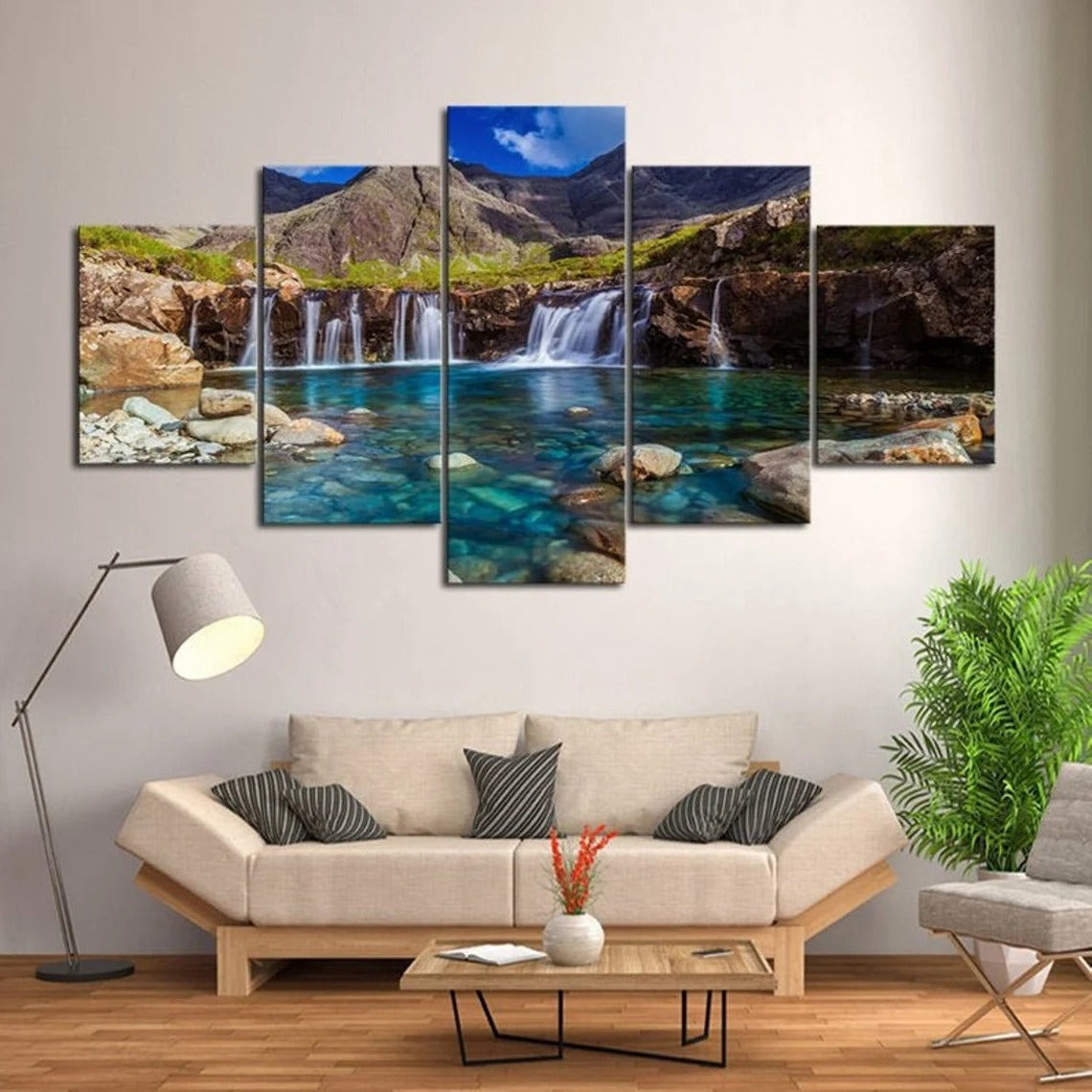Mountain Waterfall Lagoon Landscape Canvas Wall Art