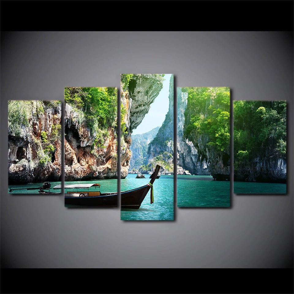 Natural Rocky Canyon &Amp; Boat Canvas Wall Art