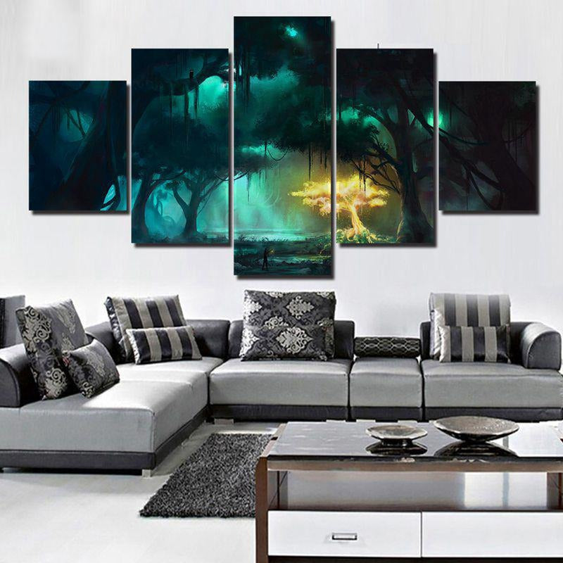 Night Forest Glow Golden Tree Canvas Wall Art