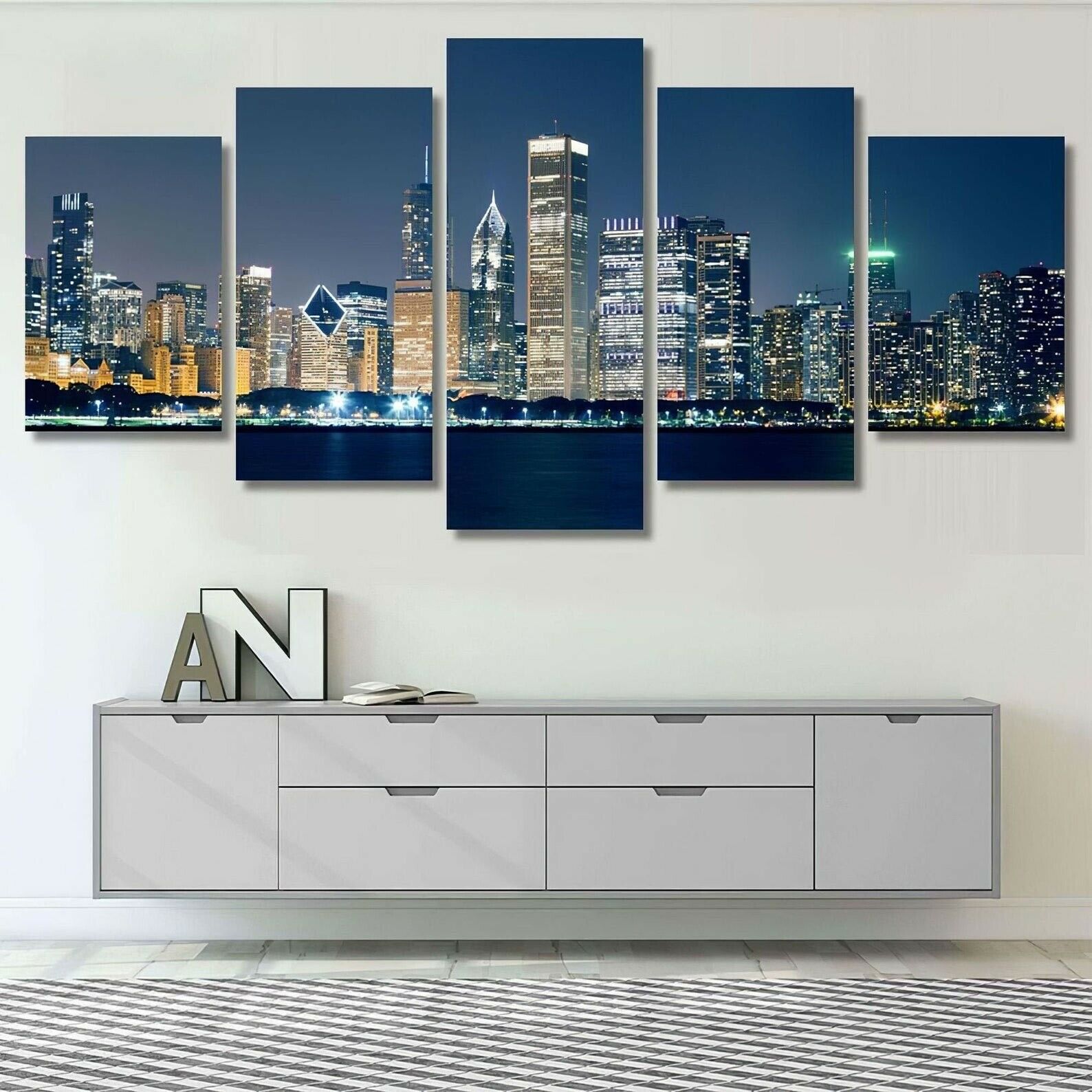 Night View Chicago Skyline Canvas Wall Art