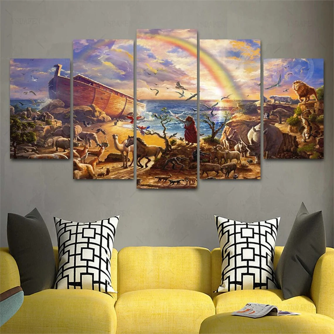 Noah’S Arc Wildlife Rainbow Genesis Christian Canvas Wall Art