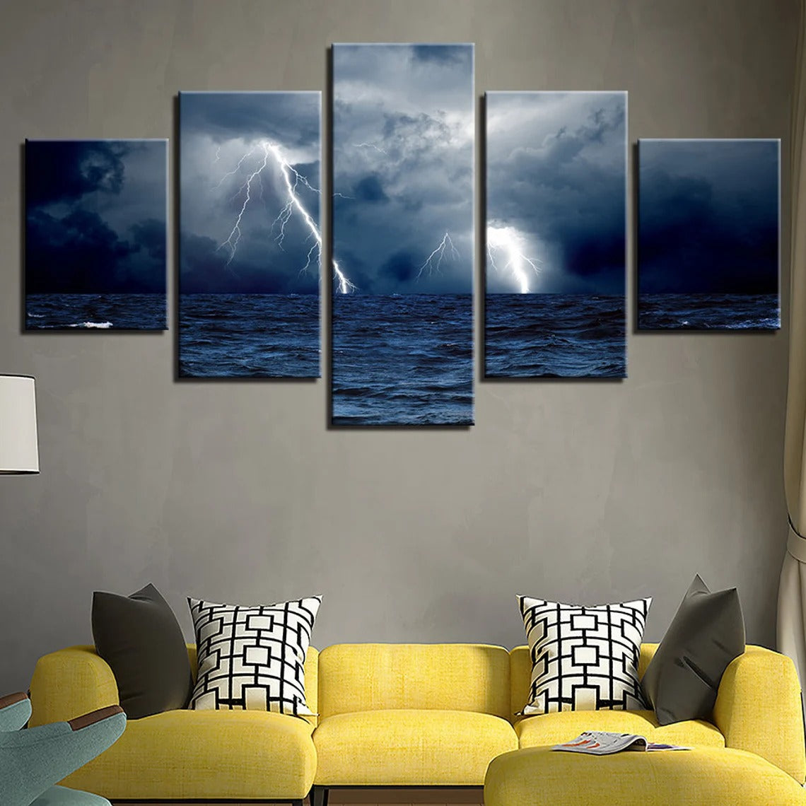 Ocean Thunderstorm Lightning Clouds Waves Canvas Wall Art