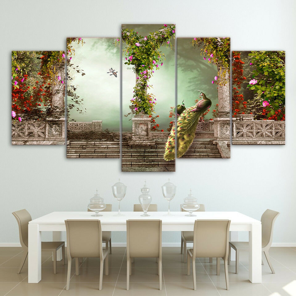 Peacock Garden Gate Flowers Canvas Wall Art