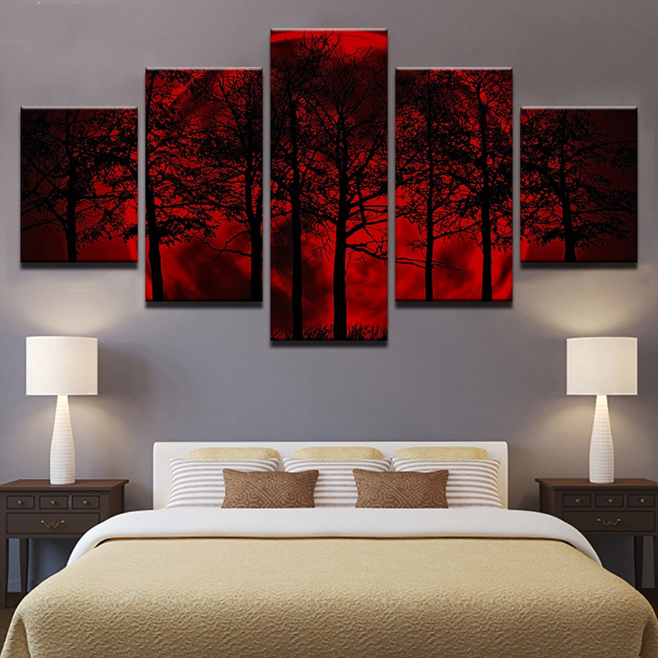 Red Full Moon In Forest Canvas Wall Art