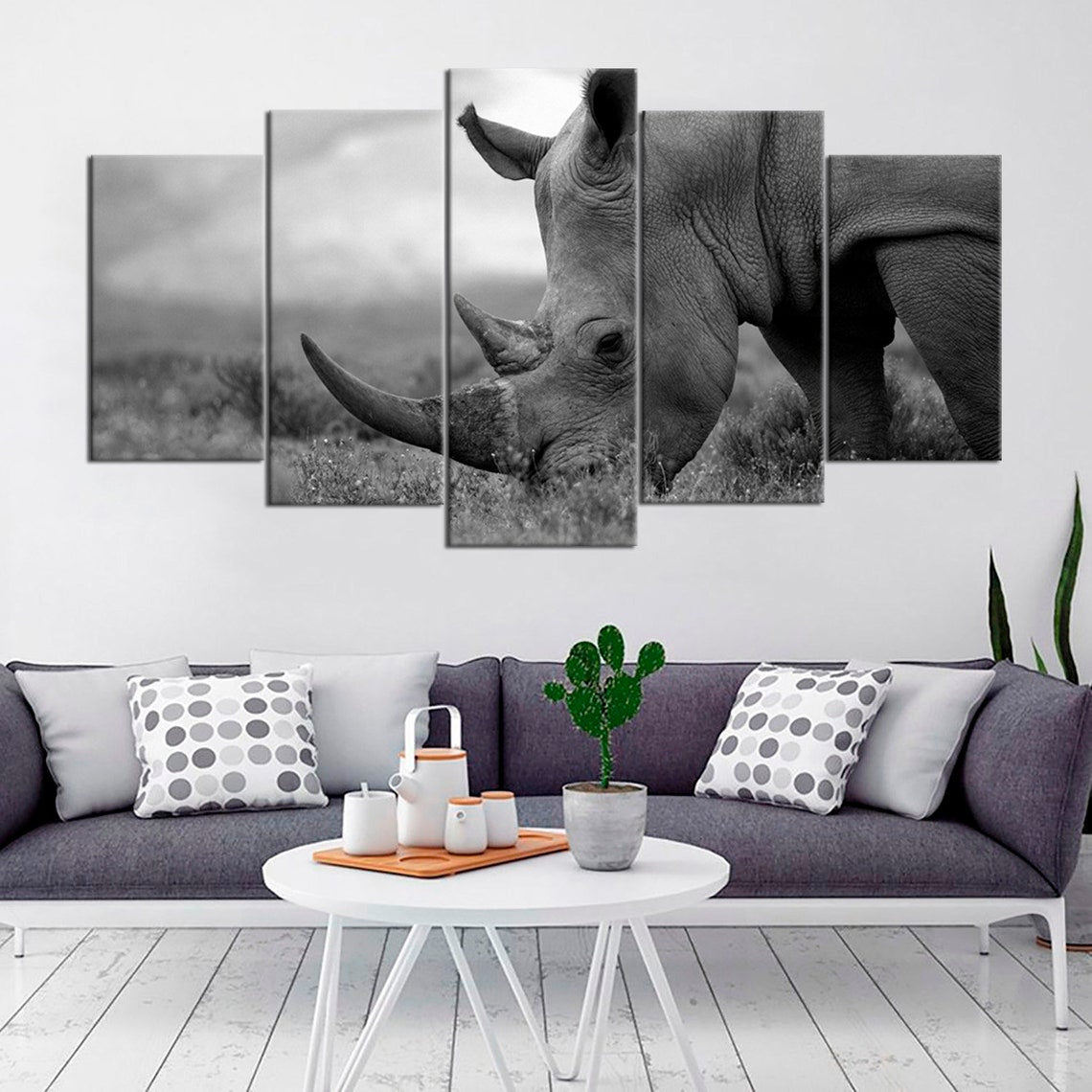 Rhino Wild Life Black And White Canvas Wall Art
