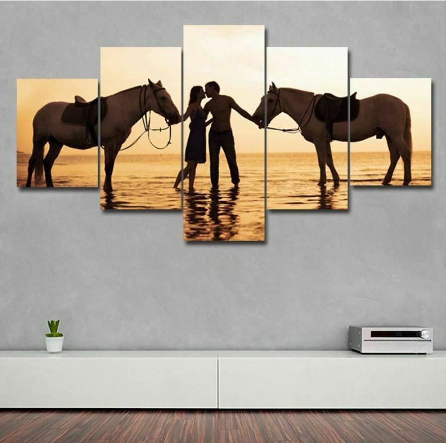 Romantic Couple Kissing And Horse Canvas Wall Art