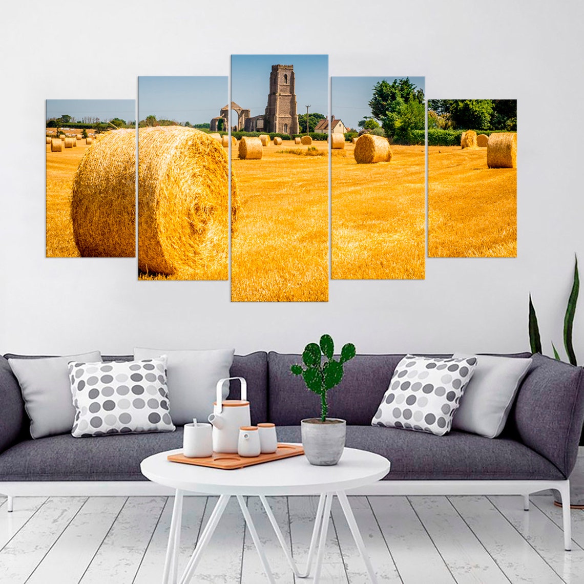 Round Bales Of Straw Sunset In A Field Canvas Wall Art