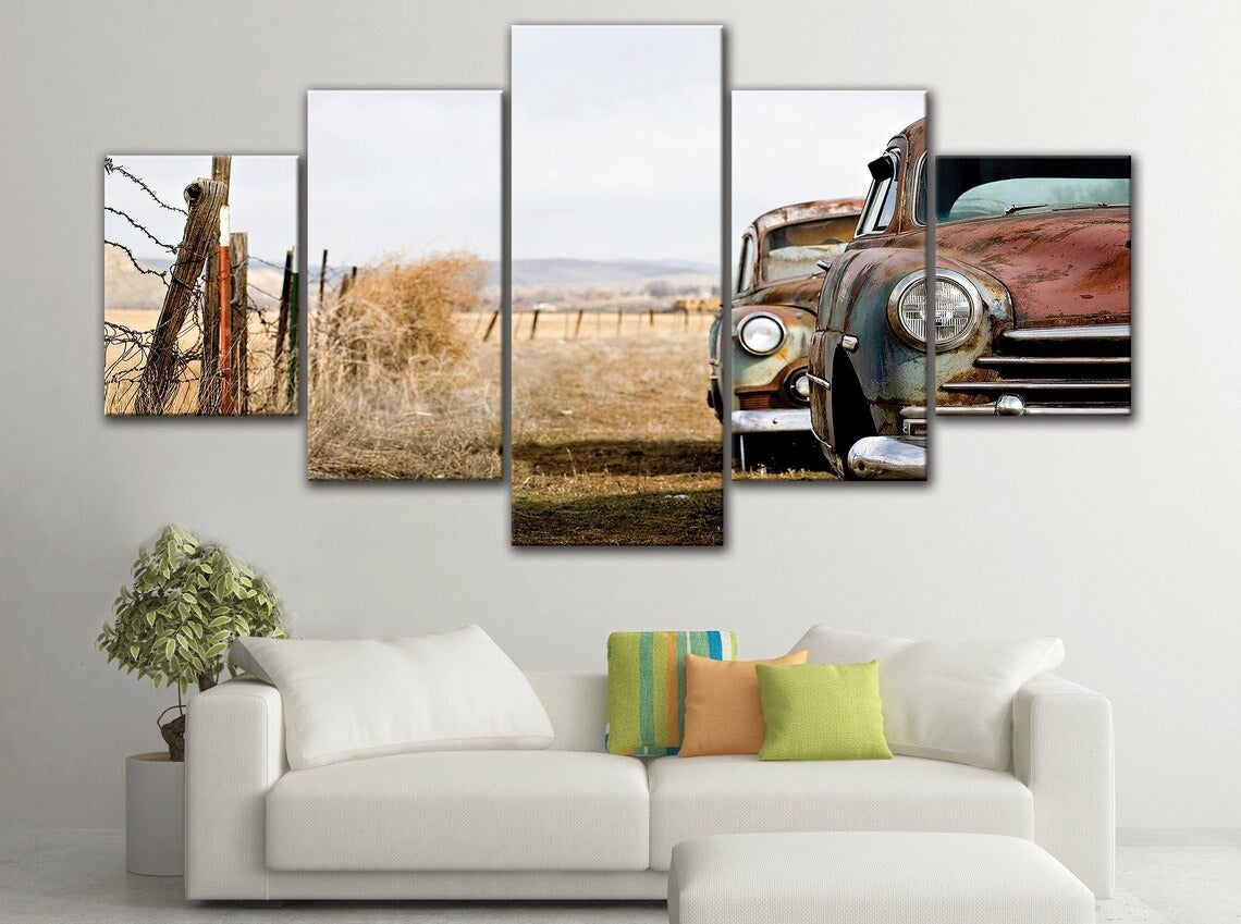 Rusty Old Abandoned Vintage Cars Canvas Wall Art