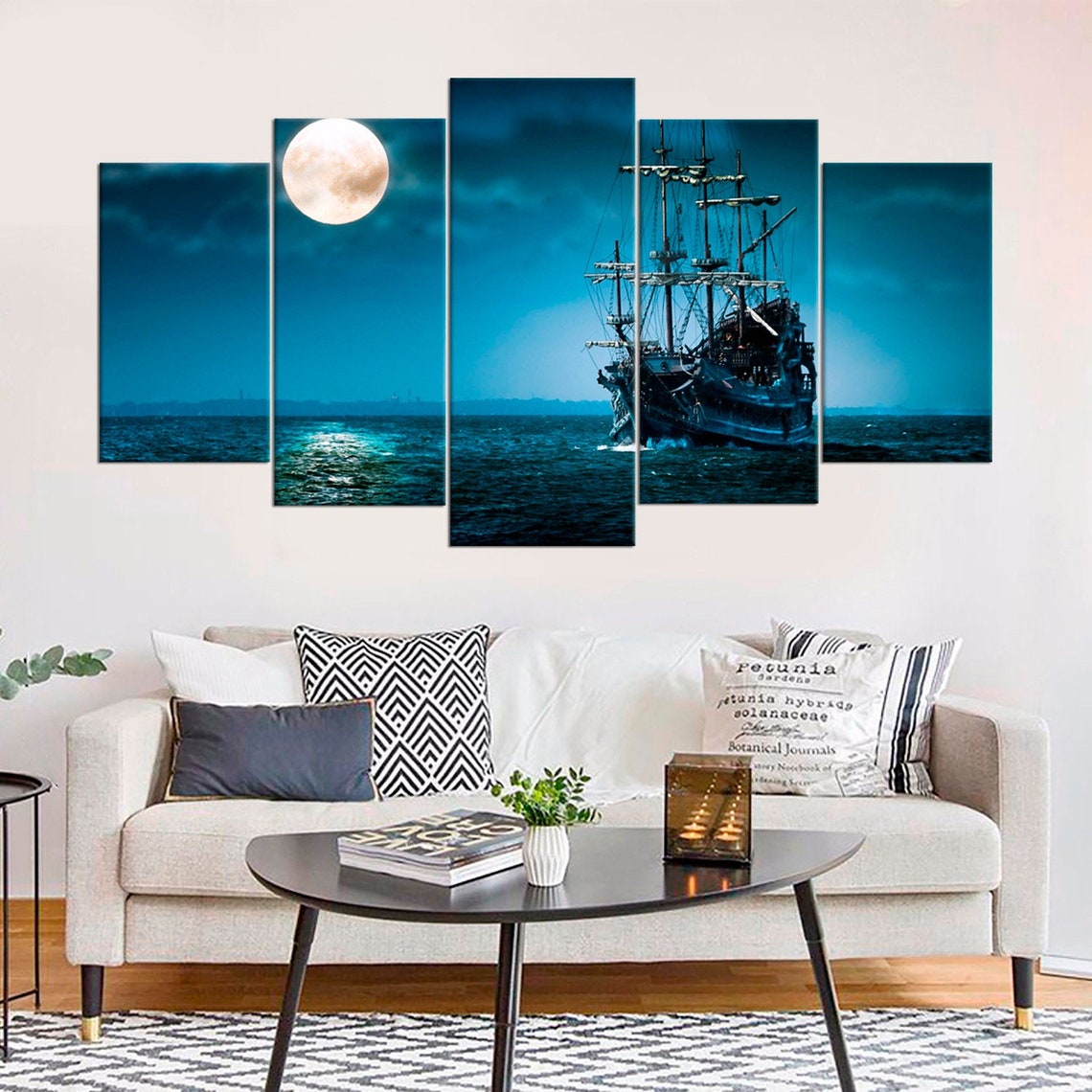 Sailboat At Moonlight Canvas Wall Art