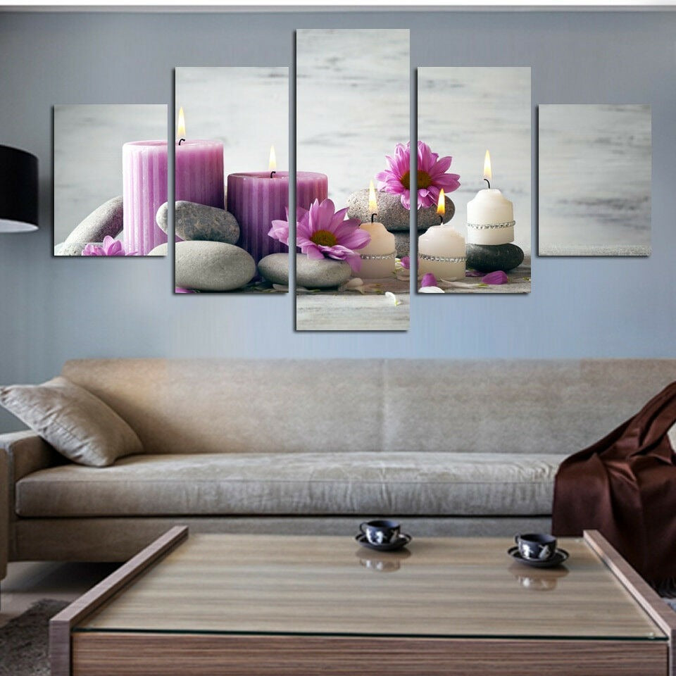 Spa Stones Candles And Purple Flowers Canvas Wall Art