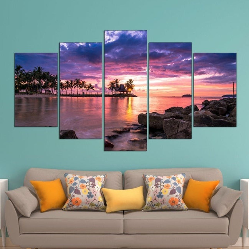 Stunning Tropical Beach Sunset Wall Art Canvas Decor Printing Pencil Canvas