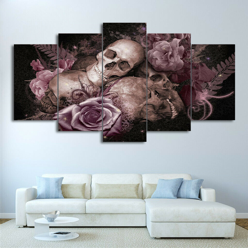 Sugar Skull And Pink Roses Canvas Wall Art
