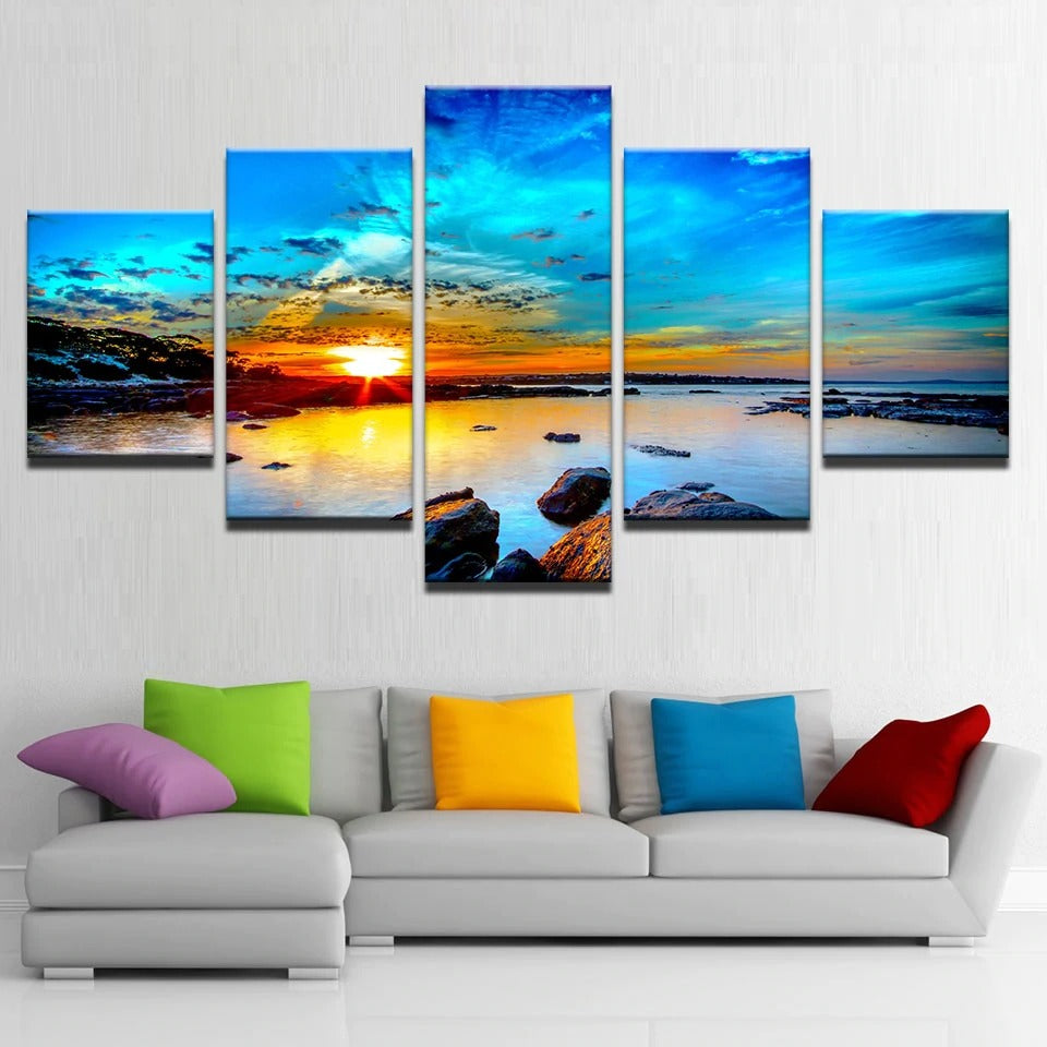 Sunrise Seaview Sunset Water Rocks Canvas Wall Art