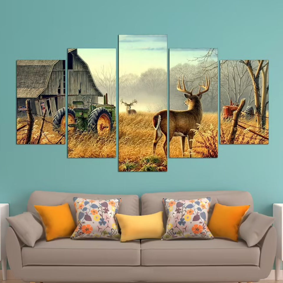 Tractor Deer Field Farm Landscape Canvas Wall Art
