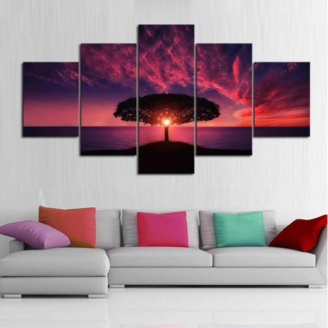 Tree Overlooking Ocean Sunset Canvas Wall Art