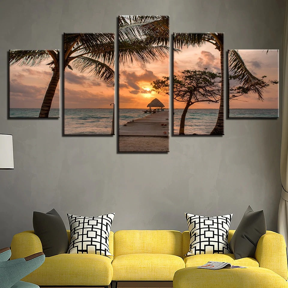 Tropical Palm Tree Ocean Sunset Cloud Seascape Canvas Wall Art