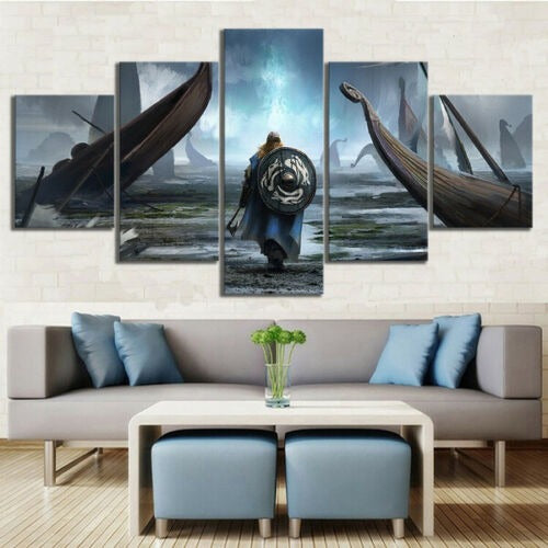 Viking Warrior Battle Ship Canvas Wall Art