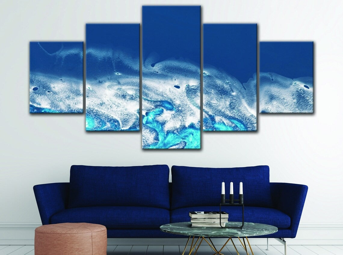 White &Amp; Blue Abstract Wave Canvas Wall Art
