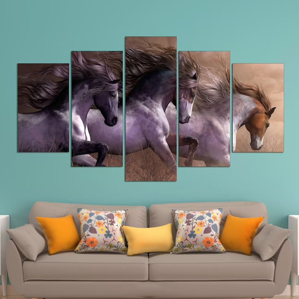 White Three Horses Running Canvas Wall Art