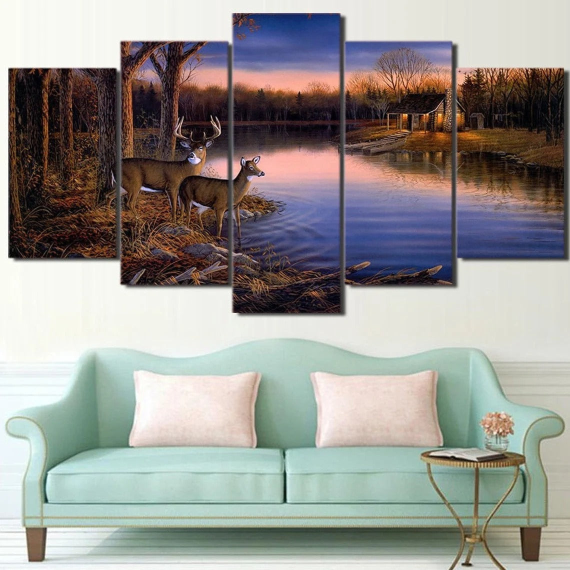 Whitetail Deer Buck Doe River Cabin Canvas Wall Art