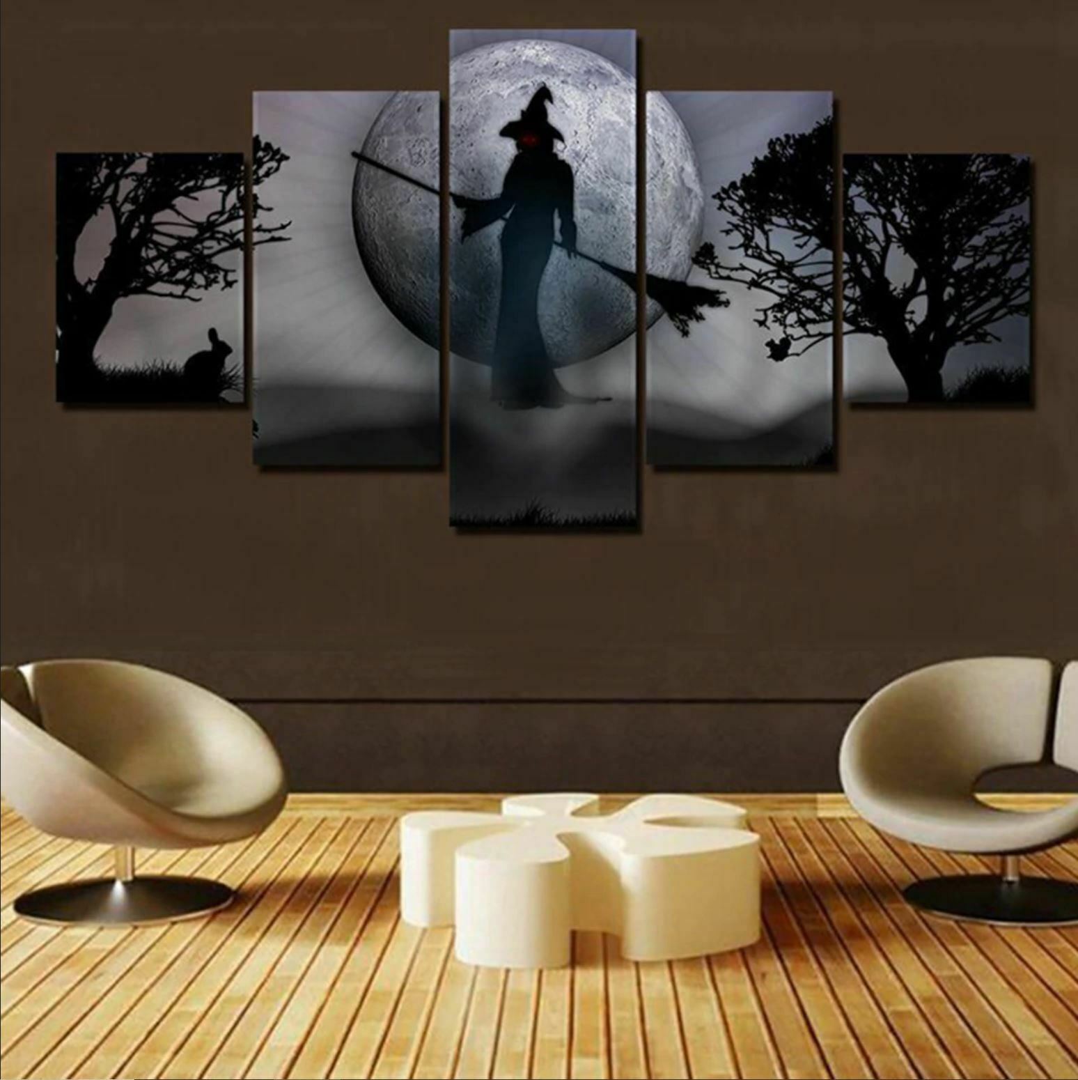 Witch Shadow In Halloween Night Canvas Wall Art