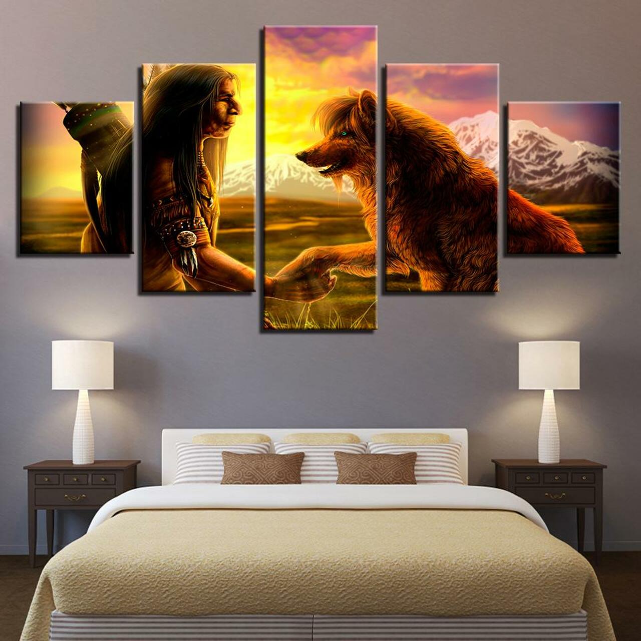 Wolf And Indian Canvas Wall Art