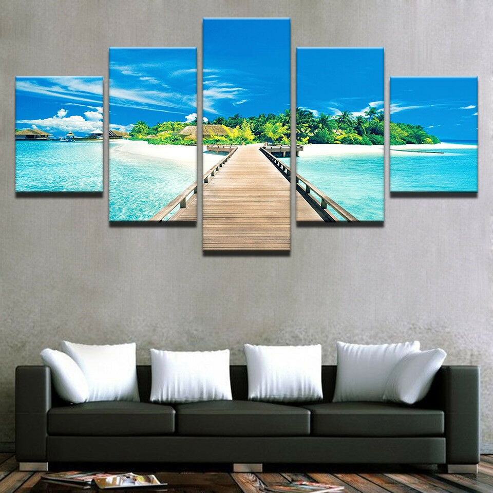 Wooden Bridge Tropical Beach Island Canvas Wall Art