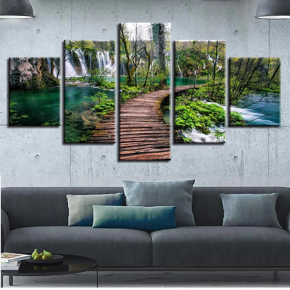 Wooden Bridge Waterfall Nature Forest Canvas Wall Art