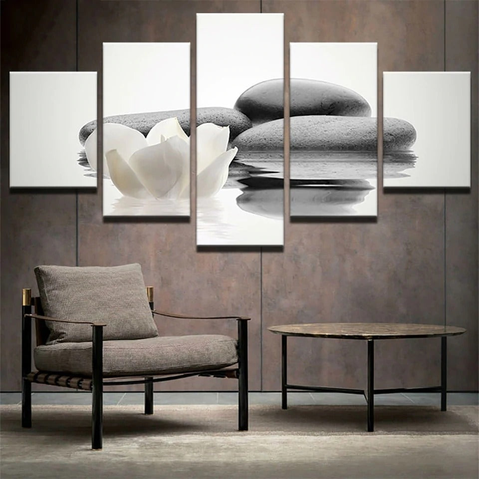 Zen Stone &Amp; White Flower On Water Canvas Wall Art Zen Stone &Amp; White Flower On Water Canvas Wall Art