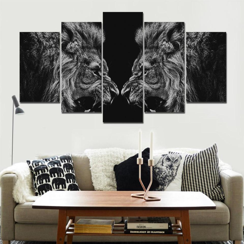 2 Fighting Black And White Lion – Animal Canvas Wall Art