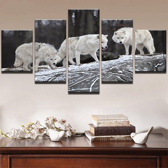 3 White Wolves 01 – Animal Canvas Wall Art