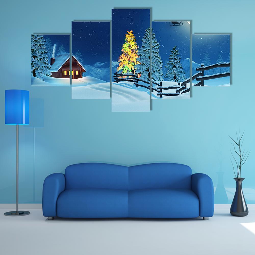 A Cabin In A Moonlit Snowy Christmas Landscape – Christmas Canvas Wall Art