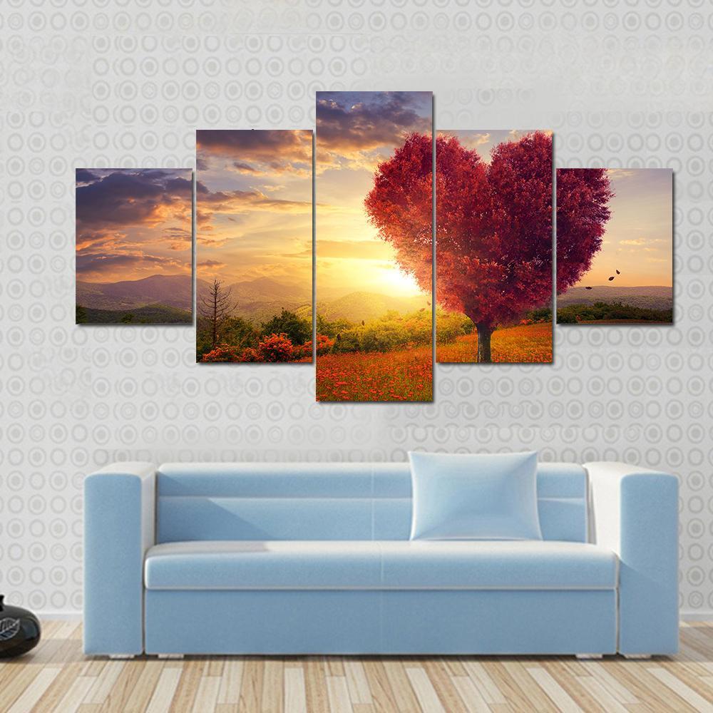 A Red Heart Shaped Tree At Sunset – Nature Canvas Wall Art