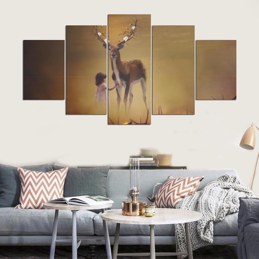 Abstract Girl Deer Modern – Animal Canvas Wall Art