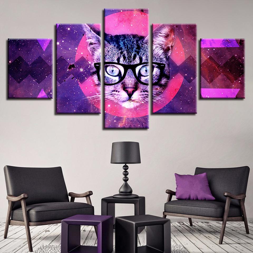 Abstract Red Moon Animal Cat With Glasses – Animal Canvas Wall Art