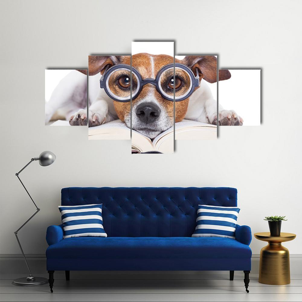 Ack Russell Dog Reading A Book With Nerd Glasses – Animal Canvas Wall Art