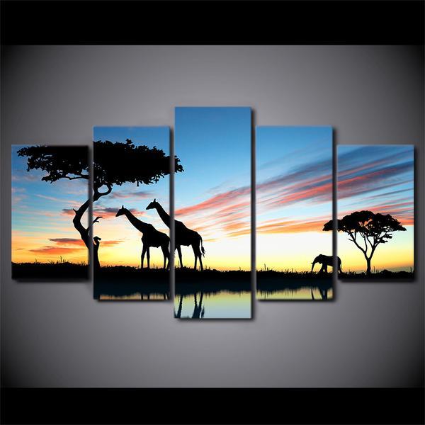 Africa Landscape Safari Giraffe At Sunset Group 10 – Animal Canvas Wall Art