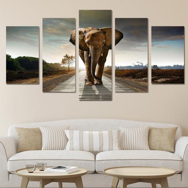 African Elephant On Road Sunset 15- Animal Canvas Wall Art
