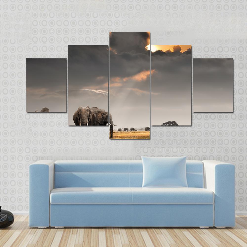 African Sunset With Elephants, Kilimanjaro Mountain – Animal Canvas Wall Art