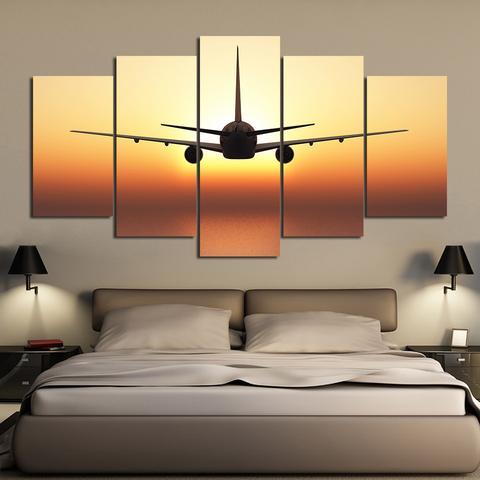 Airplane Fly With Golden Sunset – Airplane Canvas Wall Art