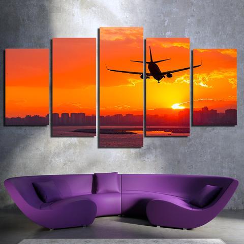Airplane Sunset And Buildings – Airplane Canvas Wall Art