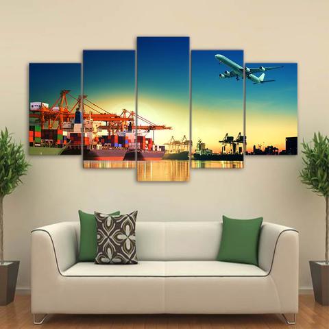 Airplane Sunset In Port – Airplane Canvas Wall Art