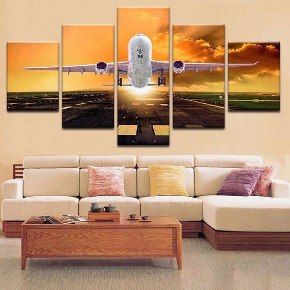 Airplane Takeoff Plane Sunset – Airplane Canvas Wall Art