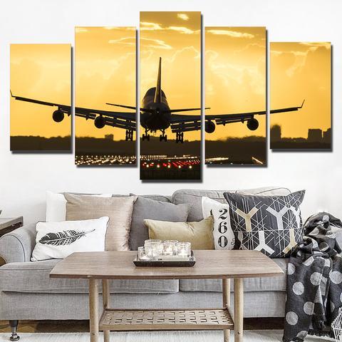 Airplane With Golden Sunset – Airplane Canvas Wall Art