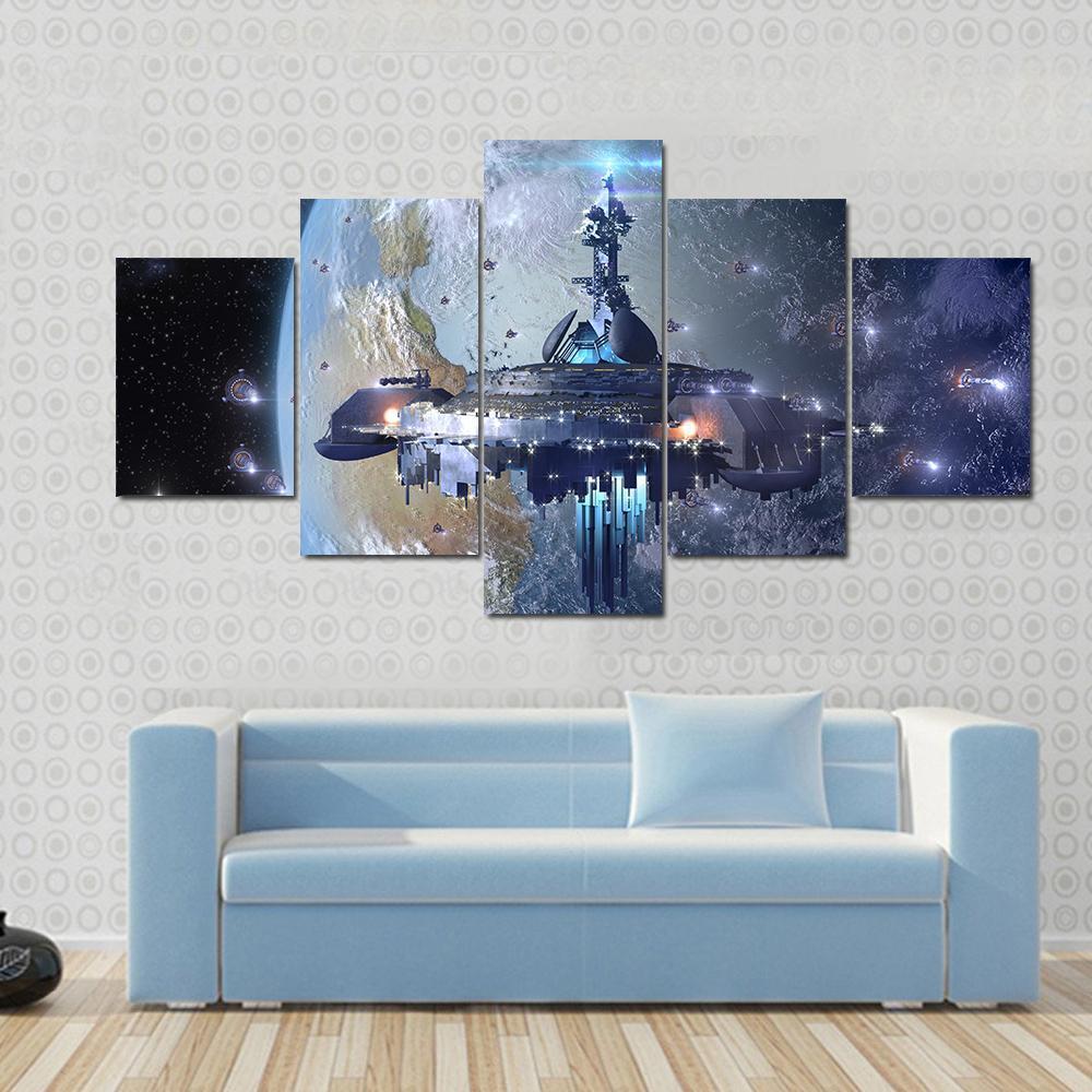 Aliens Ufo Mothership Near Earth – Space Canvas Wall Art