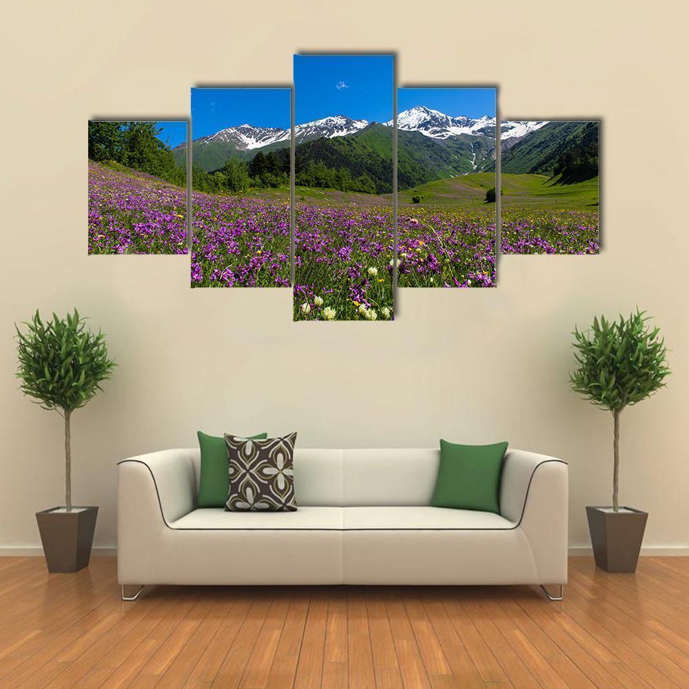 Alpine Fields With Purple Flowers In Swaneti – Nature Canvas Wall Art