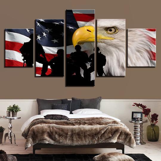 American Flag With Bald Eagle And Soldiers – Animal Canvas Wall Art