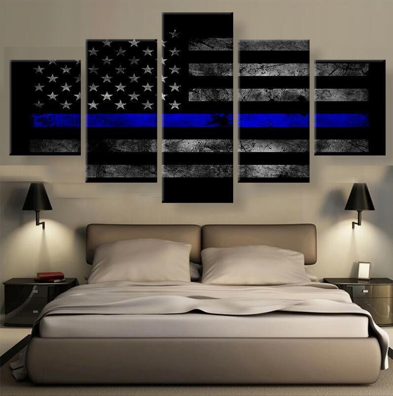 American Flag With Police Blue Line Abstract – Canvas Wall Art