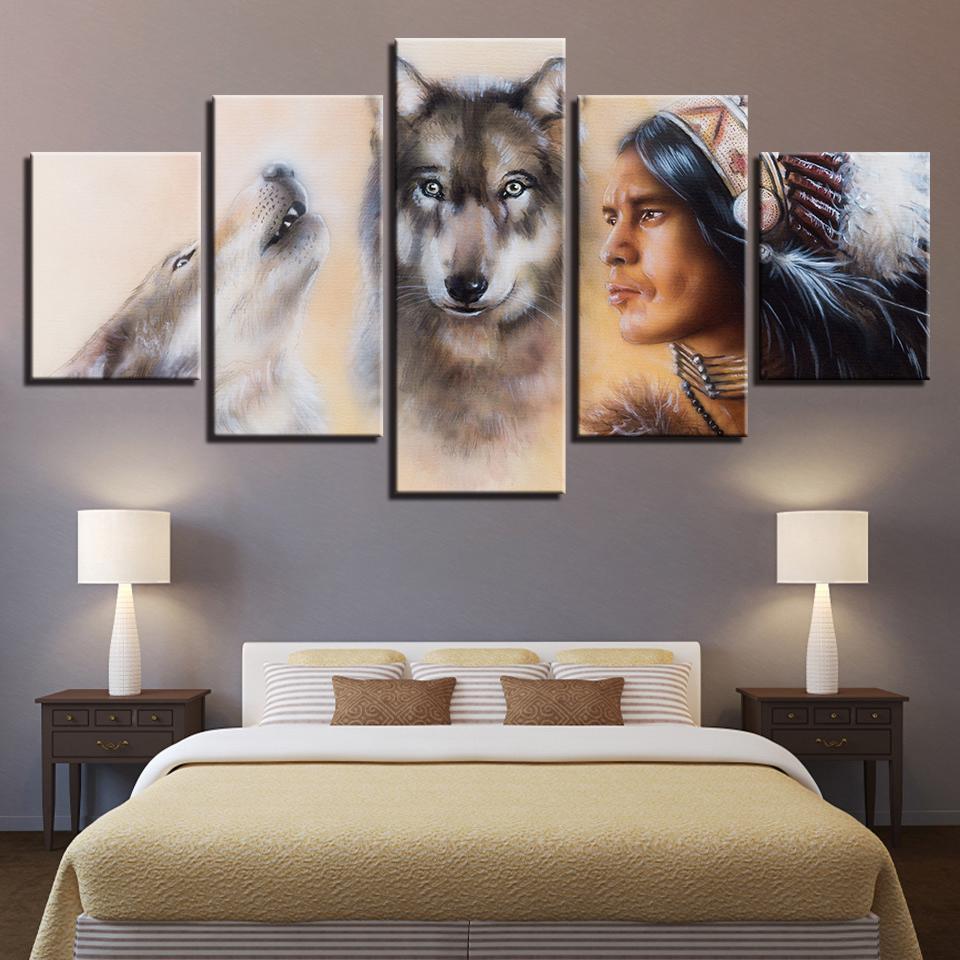American Indian And Wolves – Army Canvas Wall Art